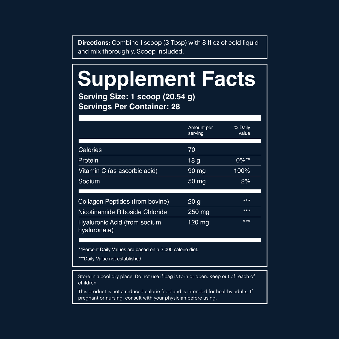 Supplement facts panel for Cofactor: Serving size 1 scoop (20.54 g); 28 servings per containier. Amounts per serving: 70 calories, 18 g protein, 90 mg vitamin C, 50 mg sodium, 20 g collagen peptides, 250 mg nicotinamide riboside chloride, 120 mg hyaluronic acid.